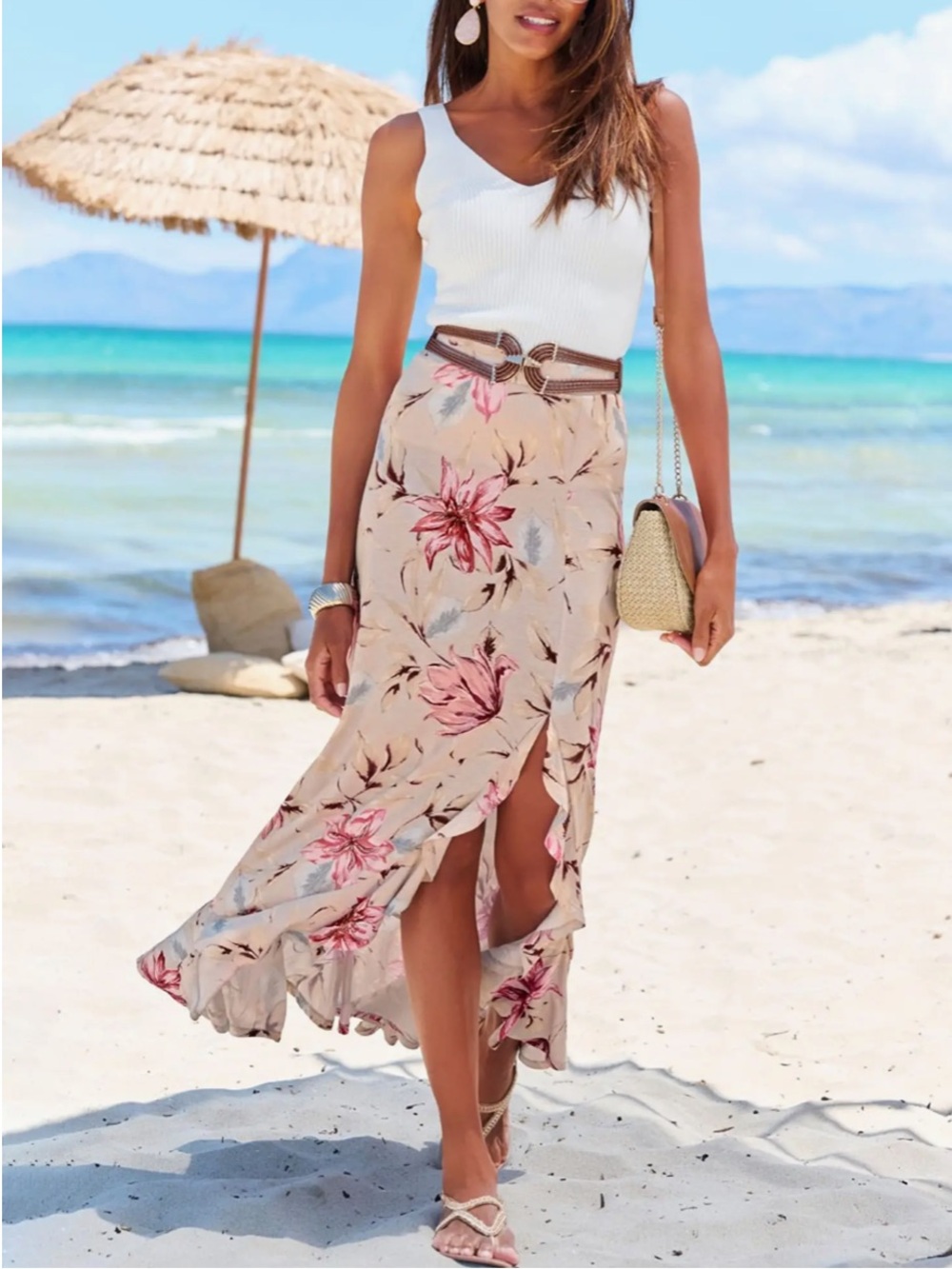 Lascana Pale Pink Floral Ruffled Split Front Vacation Feminine Party Maxi Dress